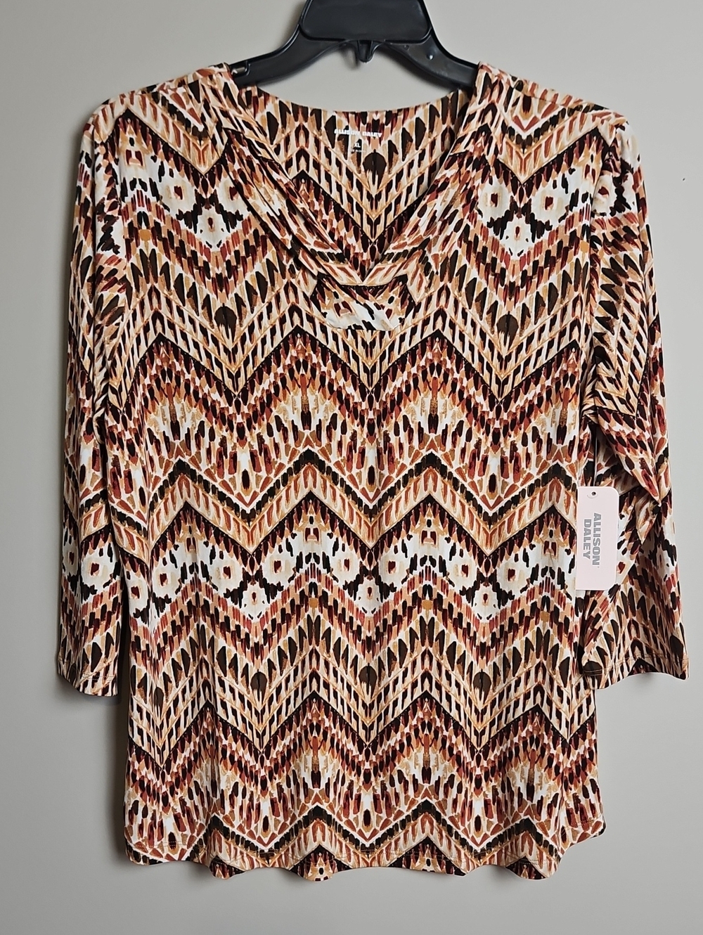 Allison Daley 3/4 Sleeve V-neck Tunic: Brown/Tan Geo/Chevron Print: Size-XL
